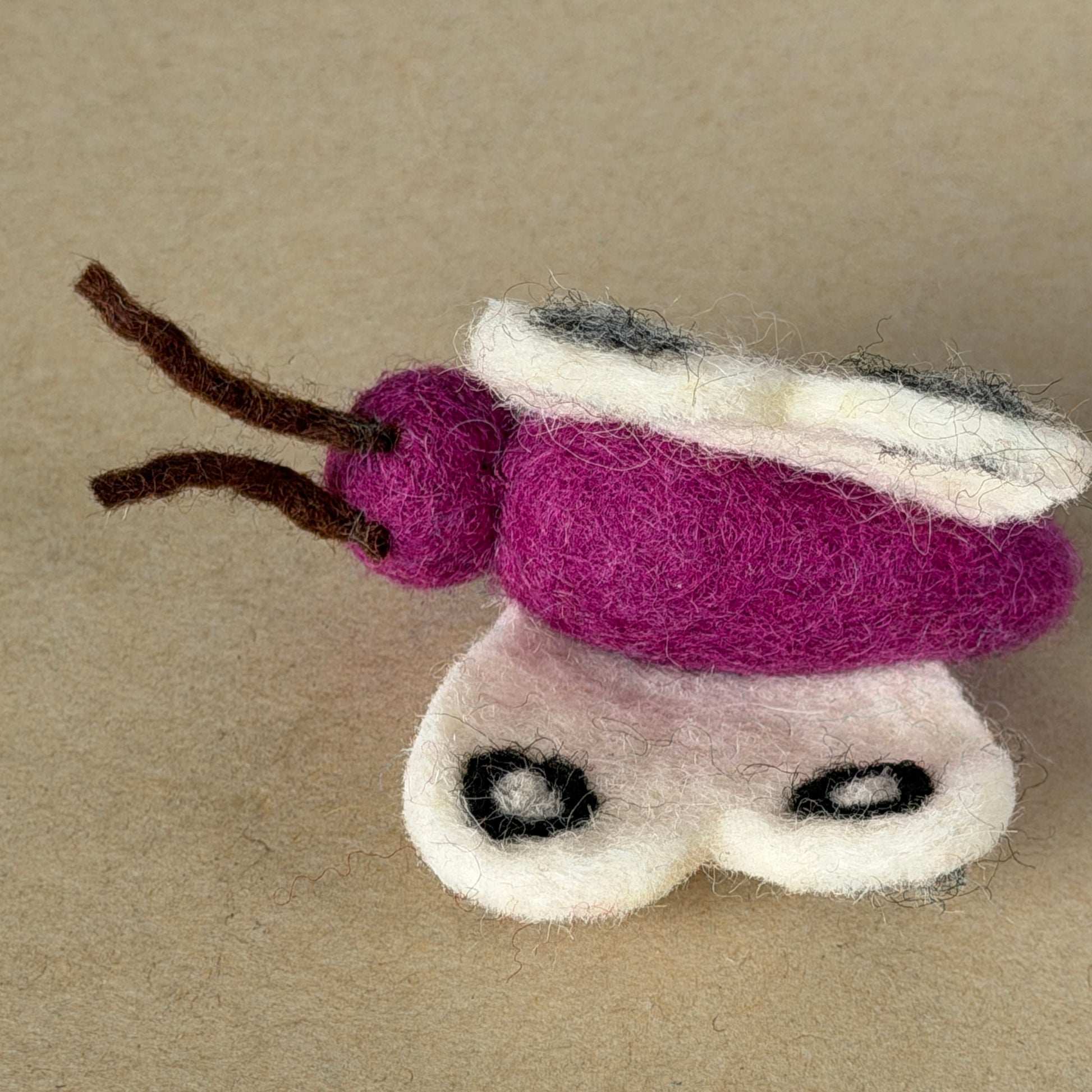 白い羽のちょうちょは、ボディが紫寄りのピンクです